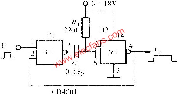 由門(mén)電路組成的單穩(wěn)態(tài)觸發(fā)器  www.makelele.cn