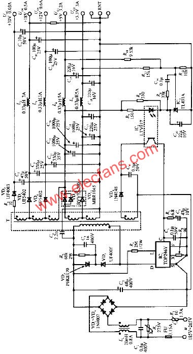 由TOP246Y構(gòu)成的45W多路輸出式開關(guān)電源電路  www.makelele.cn