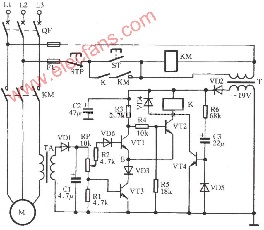 三相電動機過流保護電路圖 文章來源:http://www.makelele.cn