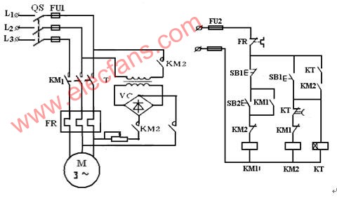 時間原則控制的單向能耗制動控制線路 文章來源:http://www.makelele.cn