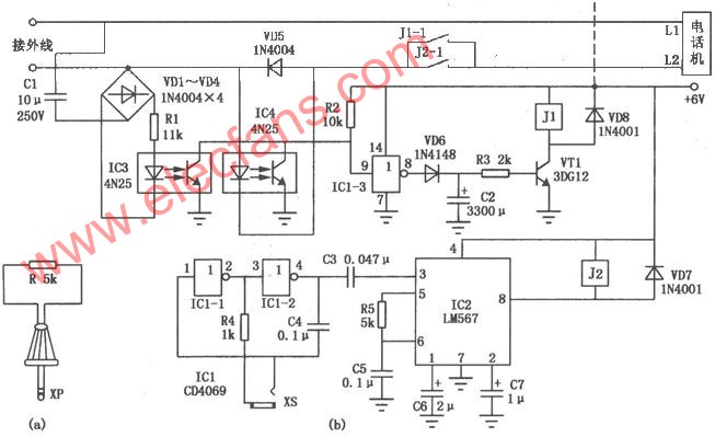 電話機(jī)電子鎖電路 www.makelele.cn