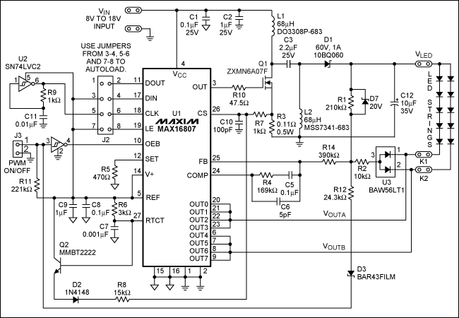 圖2. 采用MAX16807 SEPIC LED驅(qū)動(dòng)器的圖1電路原理圖(VIN = 8V至18V，VLED = 22V [自適應(yīng)]，ILED = 150mA/串)。