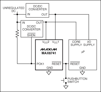 圖9. MAX6741監(jiān)測(cè)兩路電壓，任何一路電壓跌落到門限以下時(shí)將產(chǎn)生復(fù)位信號(hào)。