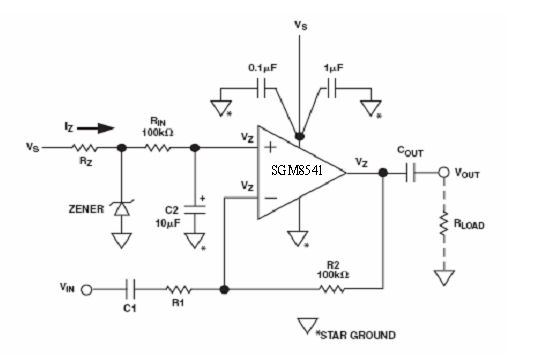圖4：利用相同的齊納二極管的反相放大器電路的偏置方法。