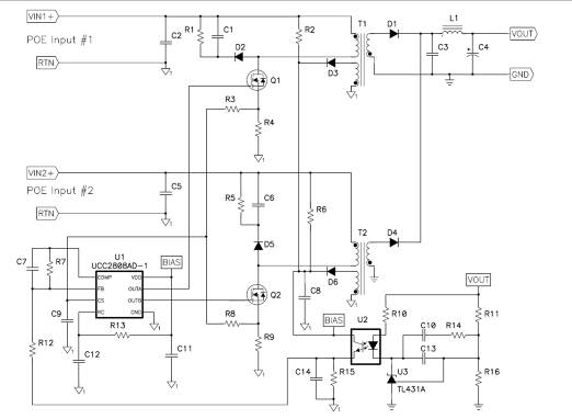 圖1：推挽式控制器驅(qū)動(dòng)交錯(cuò)式返馳。