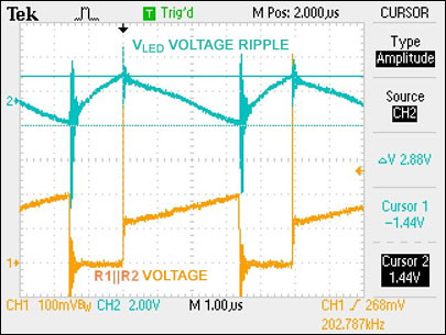 Figure 11. LED voltage (AC coupled) and MOSFET current-sense voltage.