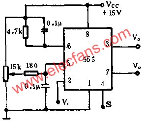 時(shí)基集成電路組成可變閾電平的施密特觸發(fā)器電路圖  www.makelele.cn