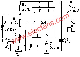 時(shí)基集成電路組成占空比連續(xù)可調(diào)的脈沖發(fā)生器電路圖 www.makelele.cn