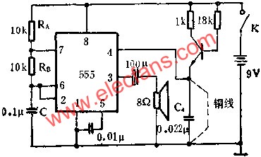 時(shí)基集成電路組成防盜報(bào)警器電路圖 www.makelele.cn