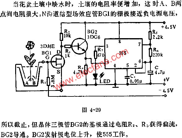 時(shí)基集成電路組成盆花缺水指示器電路圖  www.makelele.cn