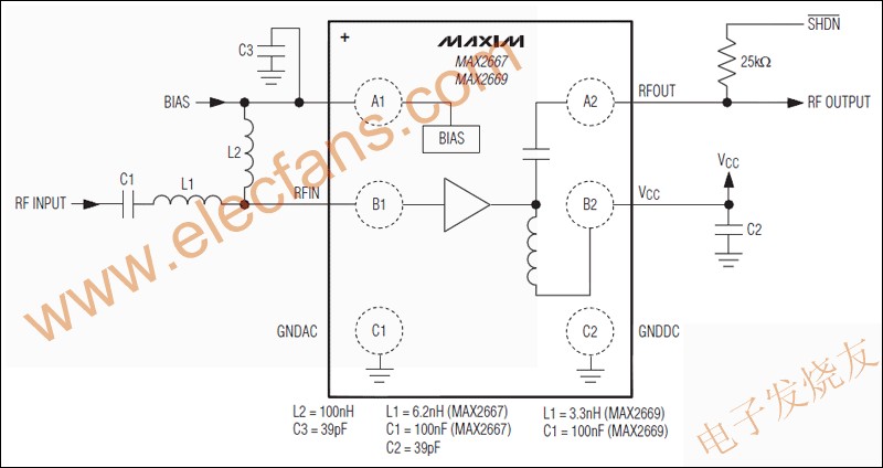 MAX2667/MAX2669高增益，低噪聲放大器(LNA)  來源： 電子發(fā)燒友