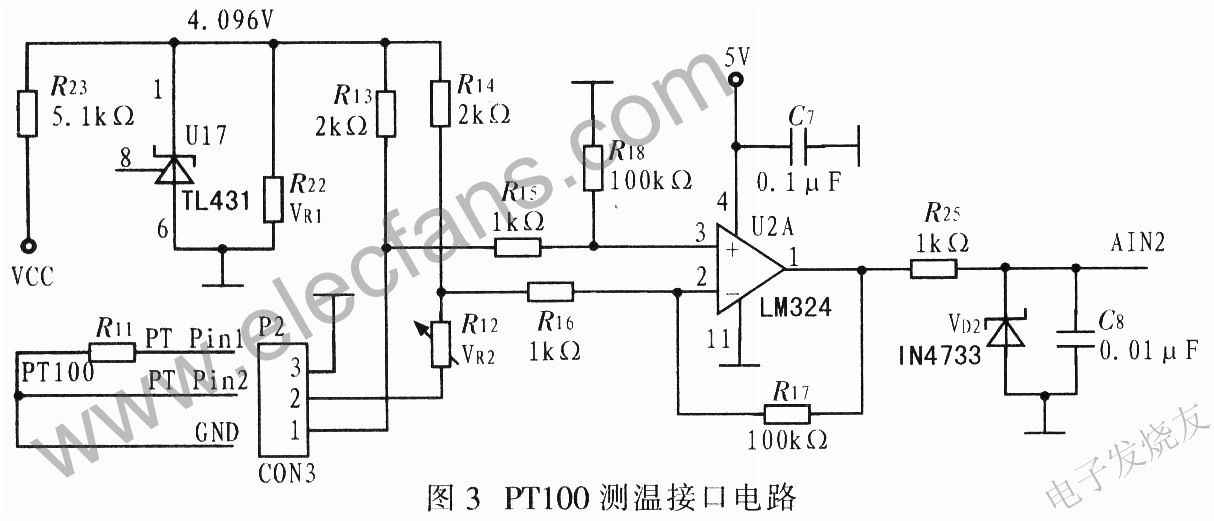 鉑電阻PT100溫度信號測溫電路 www.makelele.cn