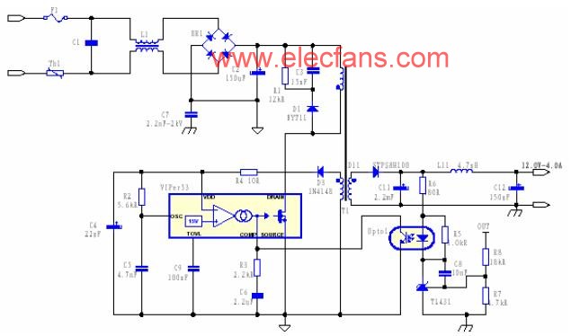 VIPer53設(shè)計(jì)的12V/3A 的副邊反饋的開關(guān)電源電路