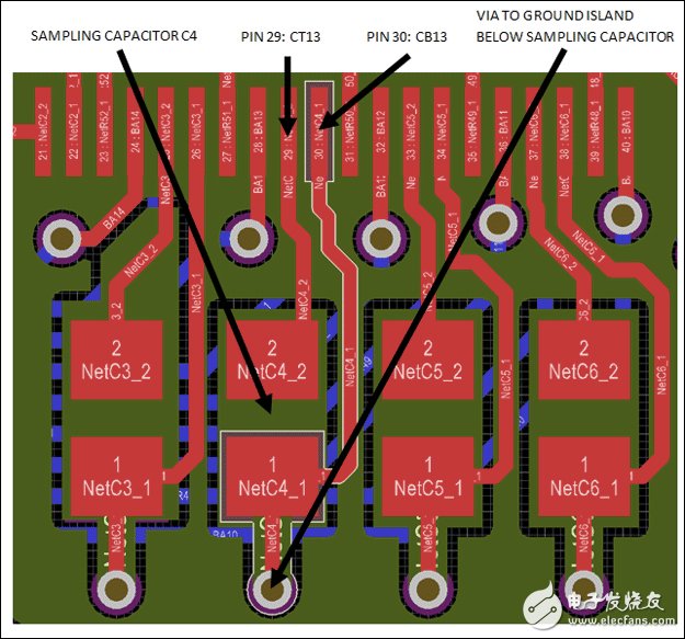 圖6. 最大限度地減少采樣電容之間的寄生電容—隱藏第3層（黃色）使圖片更清晰。