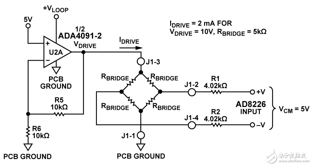 圖2. 傳感器電壓驅(qū)動配置（RBRIDGE=5kΩ、VDRIVE=10V