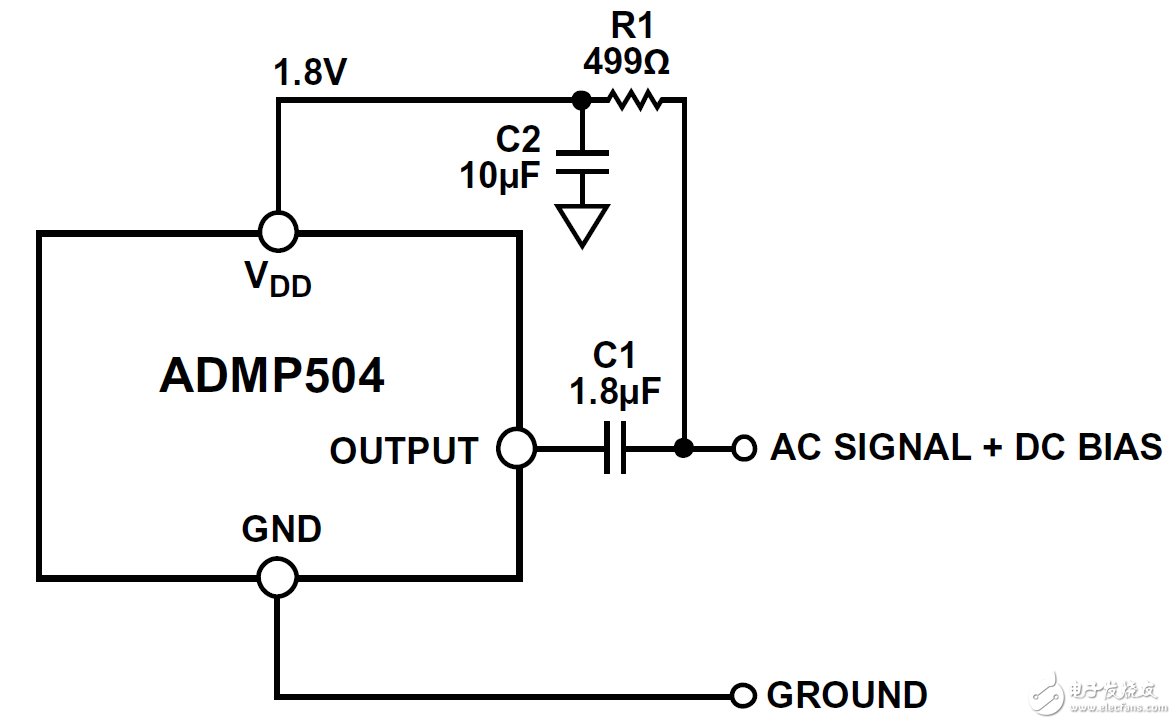 圖4. 采用ADMP504 MEMS麥克風的電路