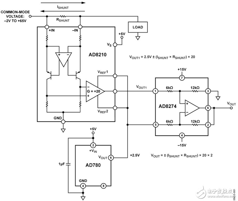 圖1. 利用AD8210、AD8274和AD780實現(xiàn)電流檢測并以GND為中心進(jìn)行電平轉(zhuǎn)換