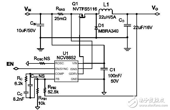  NCV8852   5V，2.5A 車載USB電源設(shè)計(jì)實(shí)例電路圖