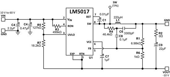  10V~60V 輸入至 -10V 輸出、300mA 反相升降壓應(yīng)用電路
