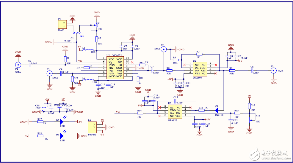 vca821模塊 pcb，原理圖