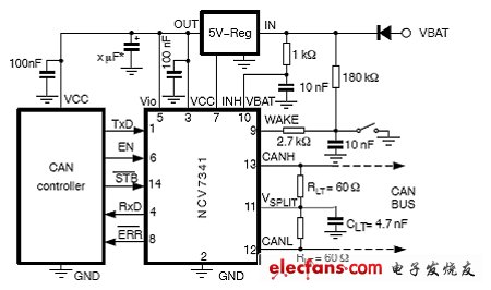 圖2：采用NCV7341的5V CAN控制器應(yīng)用電路圖。（電子系統(tǒng)設(shè)計）