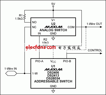圖7. DS2409部分替代電路，U1可以選用DS2406、DS2413或DS28E04