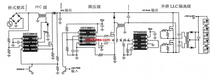 圖3 采用UCC28810的240W LED路燈驅(qū)動(dòng)電源系統(tǒng)