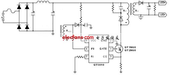 圖一、聚辰GT5010 LED線路示意圖。(電子系統(tǒng)設(shè)計)