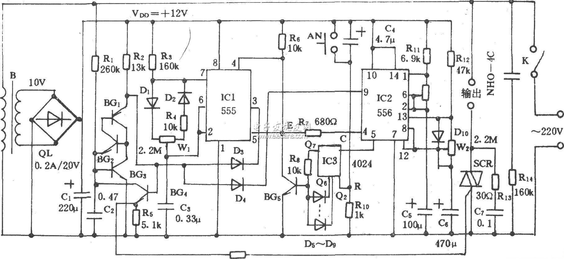 基于555的電風(fēng)扇定時(shí)控制電路圖