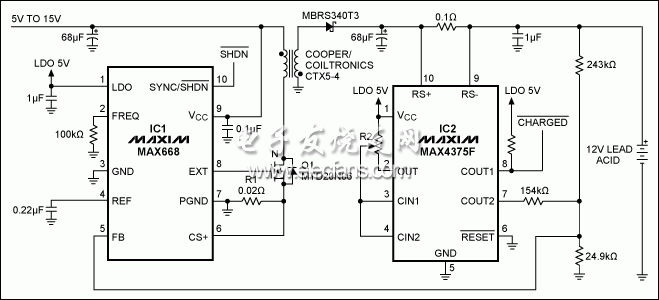 圖1。 這鉛酸電池充電器，適用于高電壓（15V），直到電池充電，然后適用于13.4V保持一個小的涓流充電。