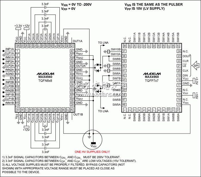 圖10。 使用MAX4968和MAX4940的單極性負(fù)應(yīng)用，減少了所需的高壓用品。