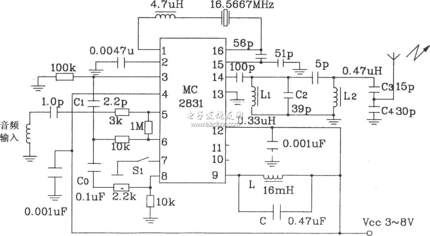 基于MC2831的無(wú)線電發(fā)射原理圖