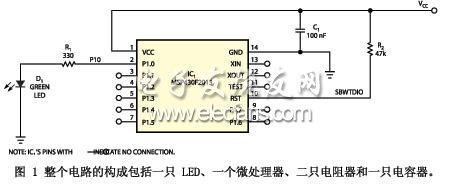 整個(gè)電路的構(gòu)成包括一只 LED、一個(gè)微處理器、二只電阻器和一只電容器