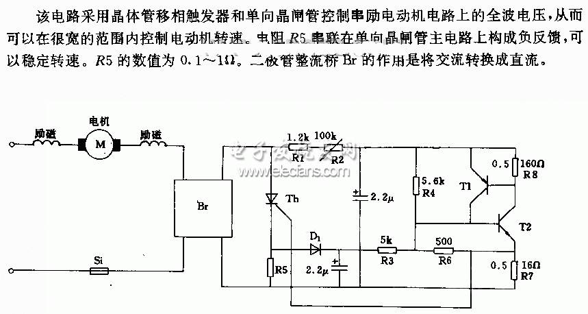 串勵(lì)電動(dòng)機(jī)的全波控制電路原理圖