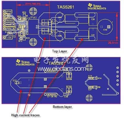 TAS5261 參考設(shè)計(jì) PCB 的高電流信號(hào)線(xiàn)范例