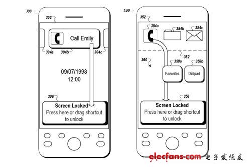 谷歌的滑動解鎖專利部分應(yīng)用圖示