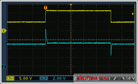 圖9. 沒有C1時的編程脈沖：適配器信號(上部)、受保護從器件(下部)。
