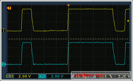 圖8. 沒有C1時的通信波形：適配器信號(上部)、受保護從器件(下部)。