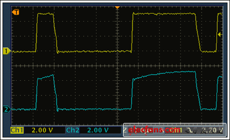 圖10. 安裝C1時的通信波形：適配器信號(上部)、受保護從器件(下部)。