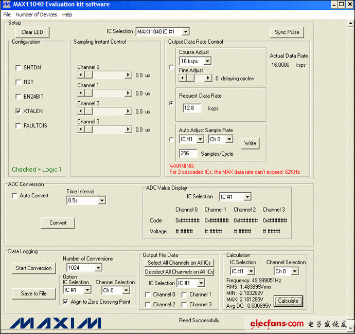 圖4. MAX11040EVKIT GUI允許用戶方便地設(shè)置各種測(cè)量條件：12.8ksps、256采樣點(diǎn)/周期和1024次轉(zhuǎn)換。此外，GUI的計(jì)算部分提供了一個(gè)進(jìn)行快速工程運(yùn)算的便捷工具。
