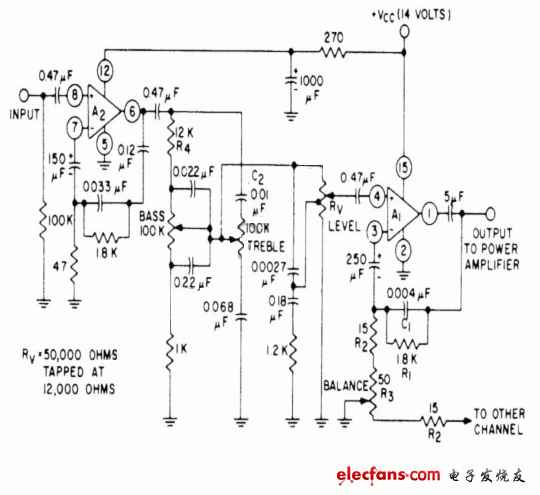 53分貝(膠帶或留聲機(jī))立體聲前置放大器電路