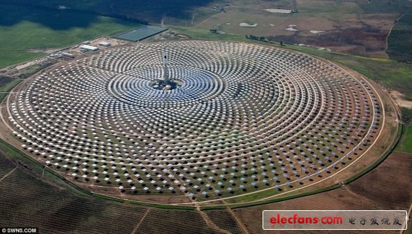 巨幅藝術(shù)作品：位于塞維利亞市附近的吉馬太陽(yáng)能電站由2650塊鏡面面板構(gòu)成，總共占地面積達(dá)185公頃（約合185萬(wàn)平方米）。