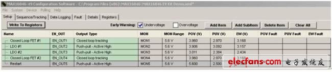 圖 2. MAX16046EVKIT設(shè)置表，GUI顯示了MON5欠壓被置為關(guān)鍵故障。