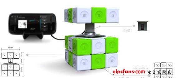  魔方概念充電器，魔方由電磁感應(yīng)發(fā)電裝置和蓄電池組成，扭動(dòng)魔方的任何一面，都會(huì)通過電磁感應(yīng)產(chǎn)生電能