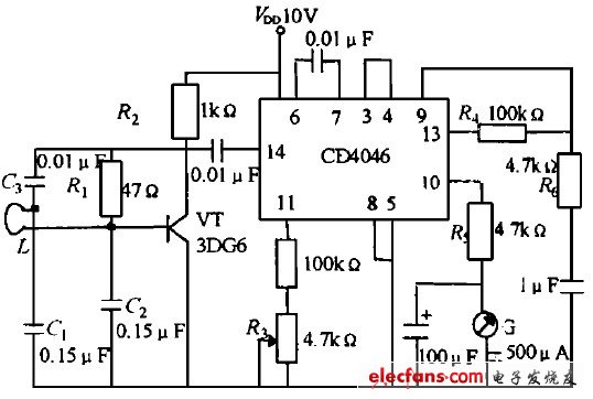 CD4046構(gòu)成的金屬探測(cè)儀電路