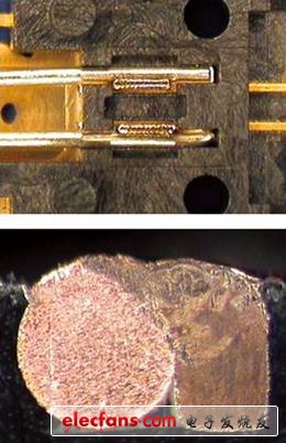 圖8、0.016× 0.09英寸鍍金銅端子和0.016英寸直徑鍍銀銅導(dǎo)線之間的微小縫隙焊接。
