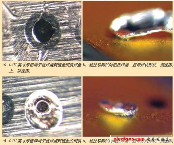 圖10、激光將薄銅和鋁焊接到鍍金銅質(zhì)焊盤上。