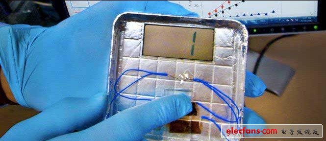 用M13噬菌體制造的1cm見方薄膜。用手指敲擊該薄膜，液晶面板上就會(huì)顯示出“1”