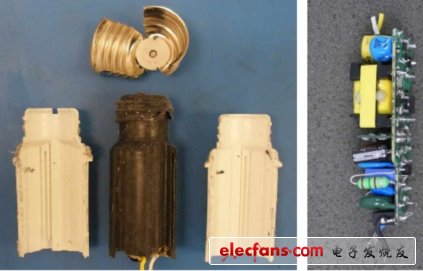 在燈泡的頸部位置，被外殼包住的電路板