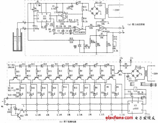 水塔水位有線監(jiān)測遙控電路